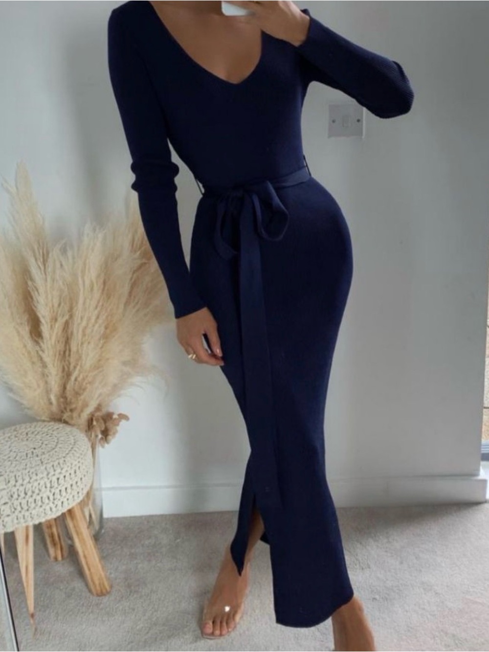 Classic Navy Long-Sleeve V-Neck Belted Maxi Dress